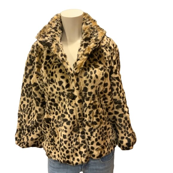 Leopard spotted faux fur Me Jane red silk lined coatwomen’s size large - Picture 3 of 12